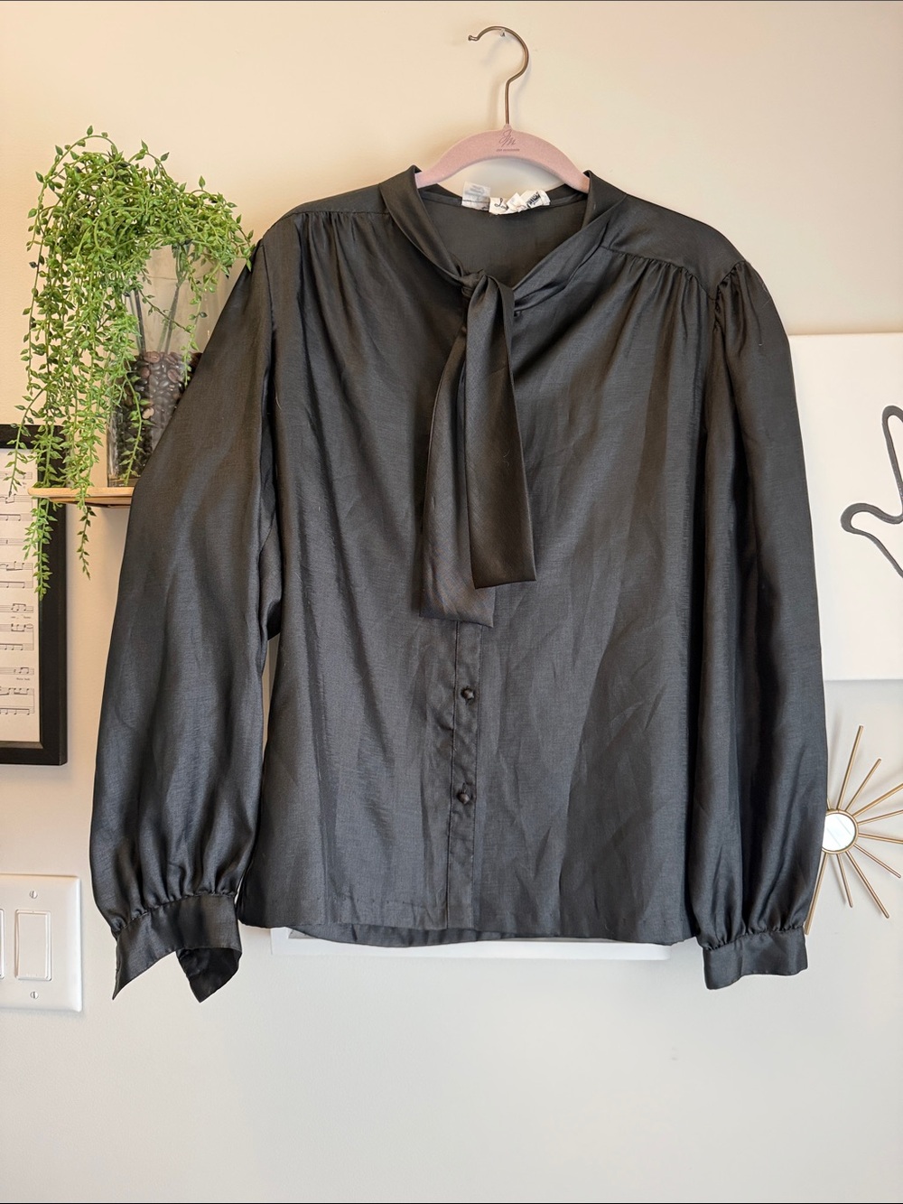 Women's Black Tie-Neck Long-Sleeve Blouse with Soft Gather